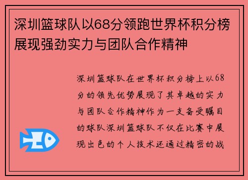 深圳篮球队以68分领跑世界杯积分榜展现强劲实力与团队合作精神